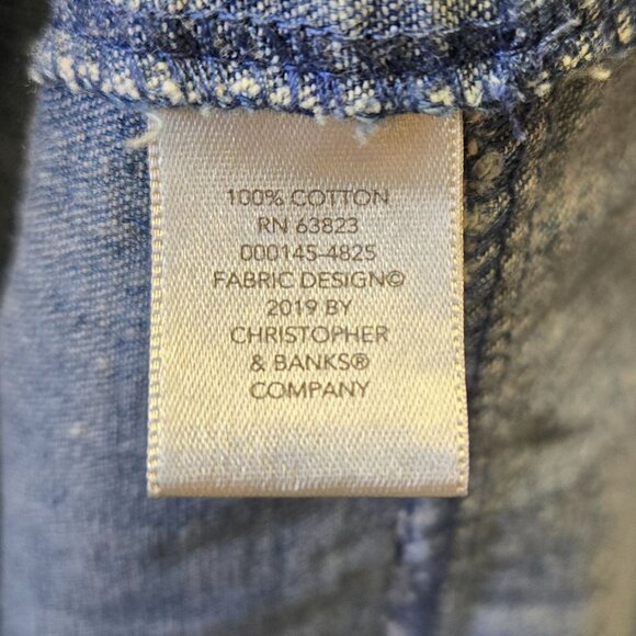 Women's L Blue Sleeveless Palm Tree Print Denim Chambray Shift Dress Jumper - Picture 10 of 11